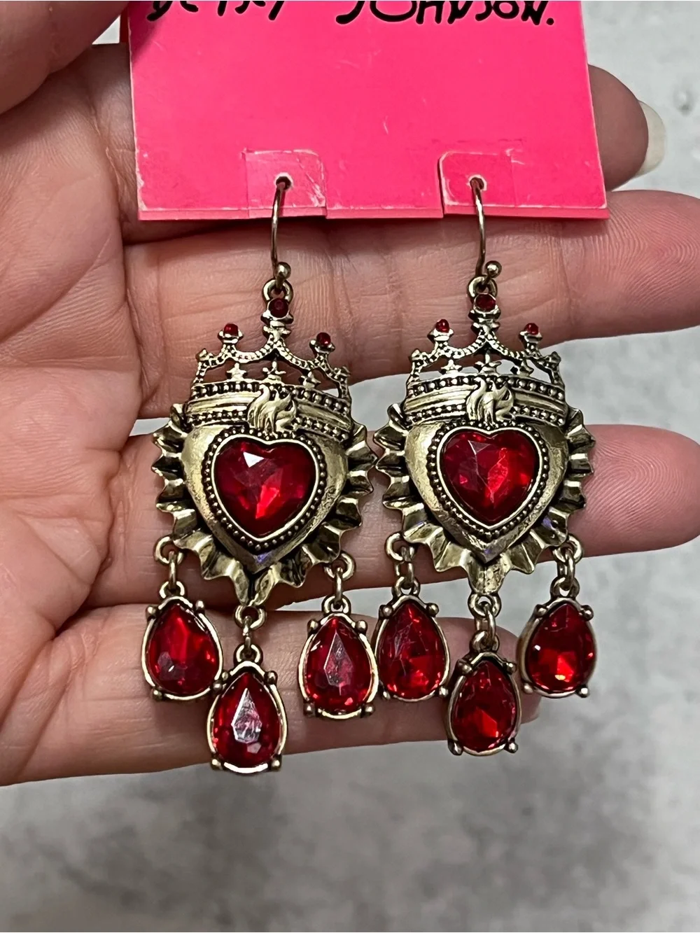 Betsey Johnson Gold-Tone Crown Heart Dangle Earrings with Red Stones